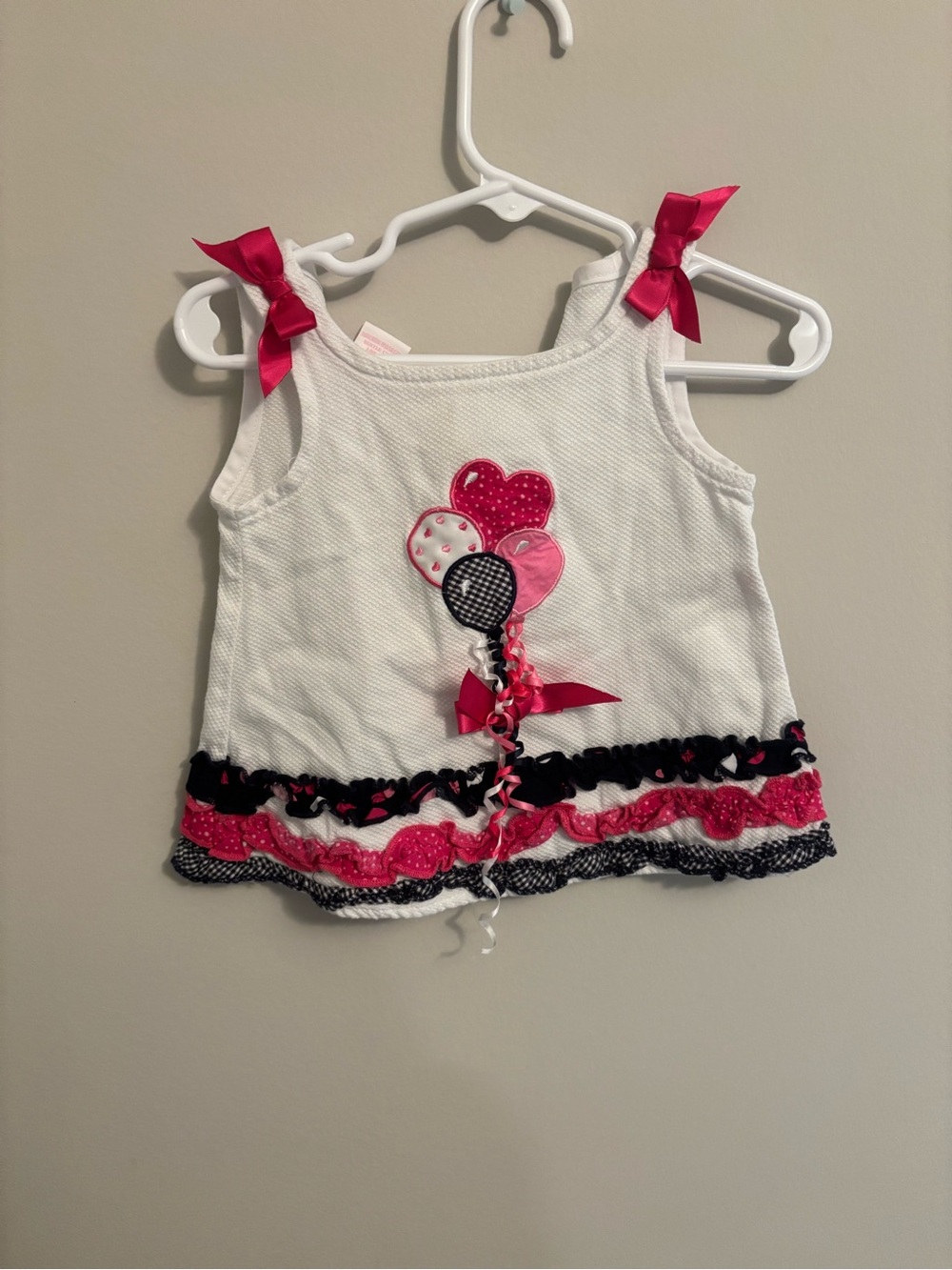 Baby Girls White Tank Top with Pink & Black Balloon Appliqué